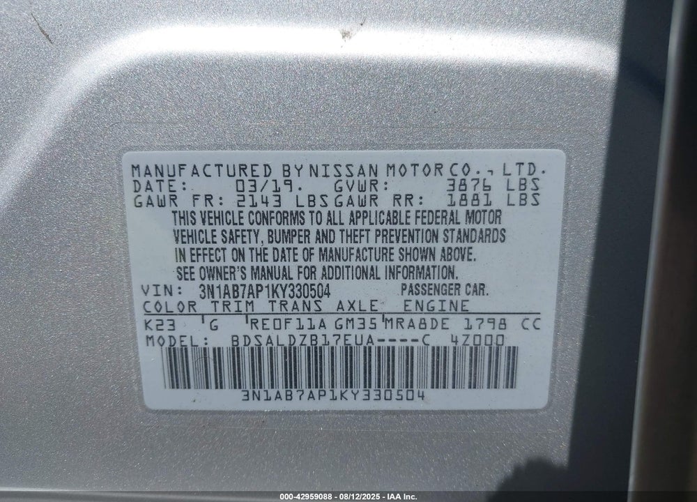 2019 NISSAN SENTRA SV VIN: 3N1AB7AP1KY330504