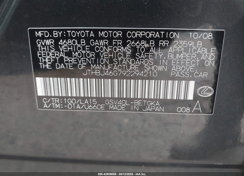 2009 LEXUS ES 350 VIN: JTHBJ46G792294210