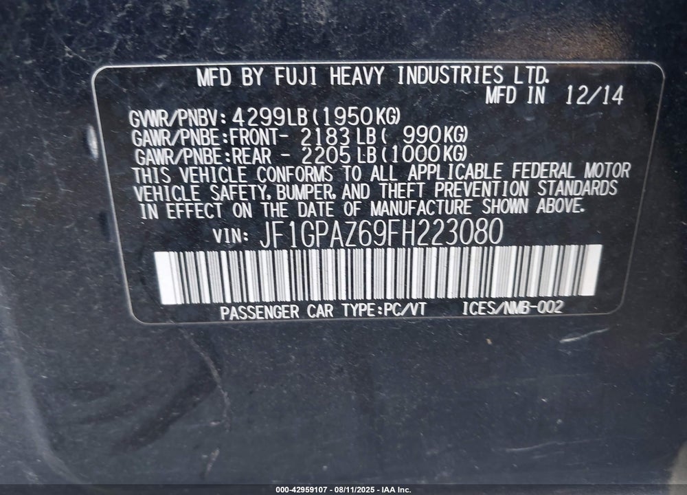 2015 SUBARU IMPREZA VIN: JF1GPAZ69FH223080
