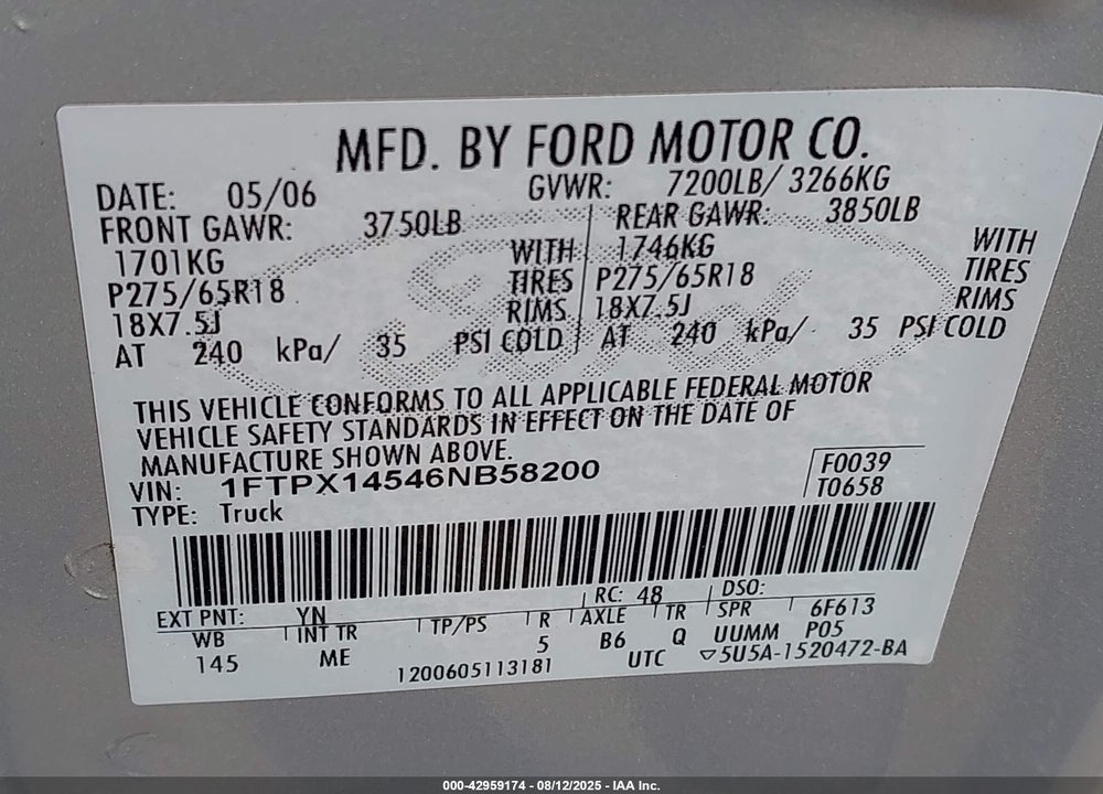2006 FORD F-150 FX4/LARIAT/XL/XLT VIN: 1FTPX14546NB58200