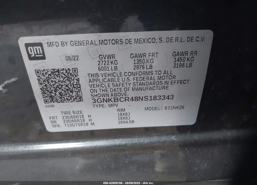 2022 CHEVROLET BLAZER VIN: 3GNKBCR48NS183343