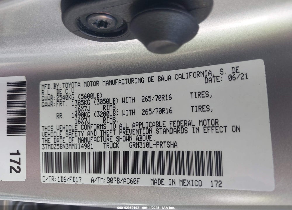 2021 TOYOTA TACOMA VIN: 3TMDZ5BN3MM114901