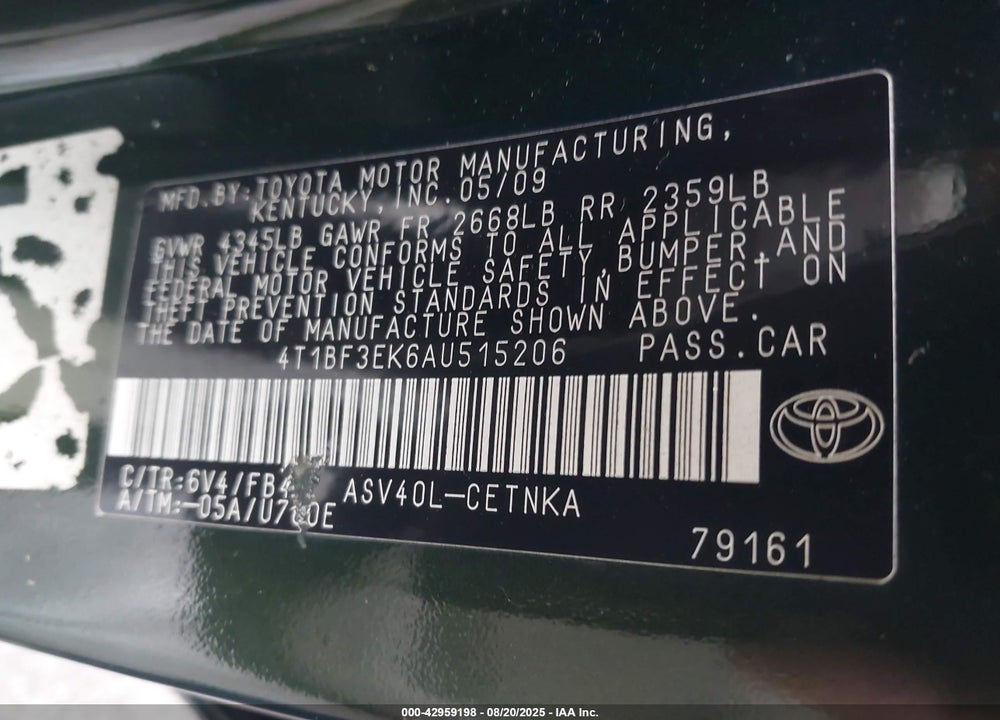 2010 TOYOTA CAMRY VIN: 4T1BF3EK6AU515206