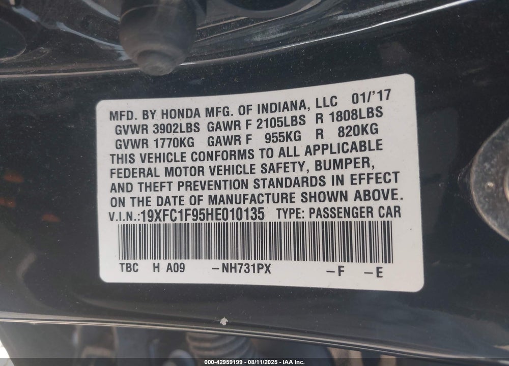 2017 HONDA CIVIC VIN: 19XFC1F95HE010135