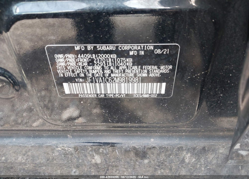 2021 SUBARU WRX PREMIUM VIN: JF1VA1C62M9819981