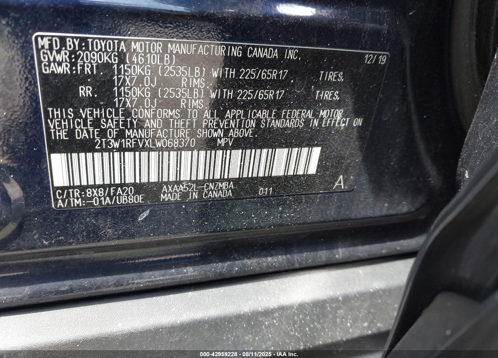 2020 TOYOTA RAV4 VIN: 2T3W1RFVXLW068370