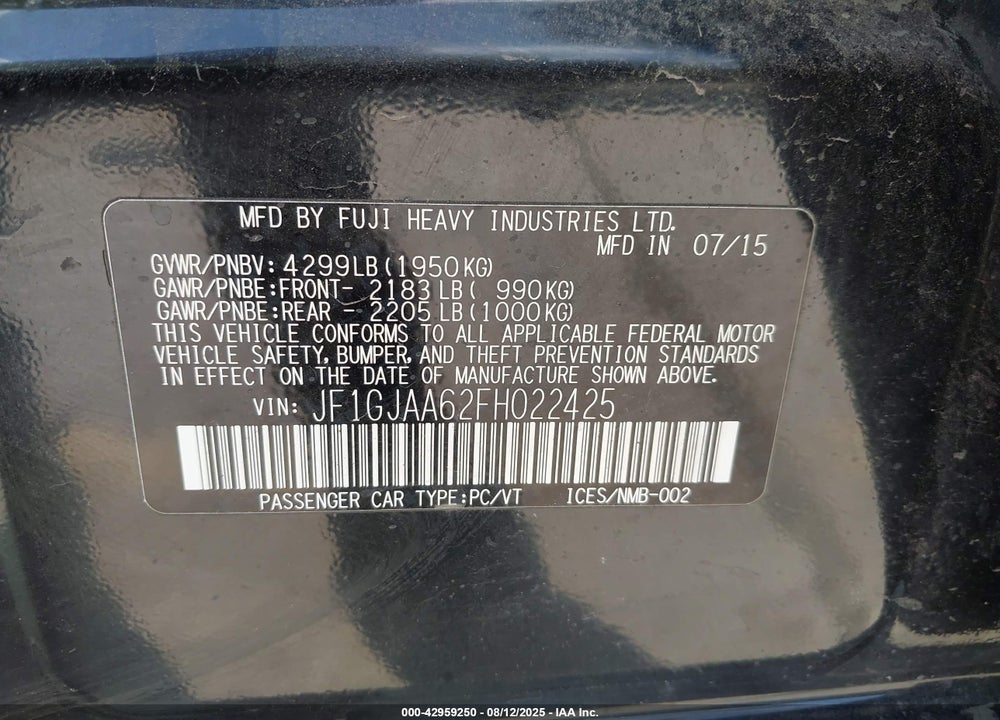 2015 SUBARU IMPREZA 2.0I VIN: JF1GJAA62FH022425