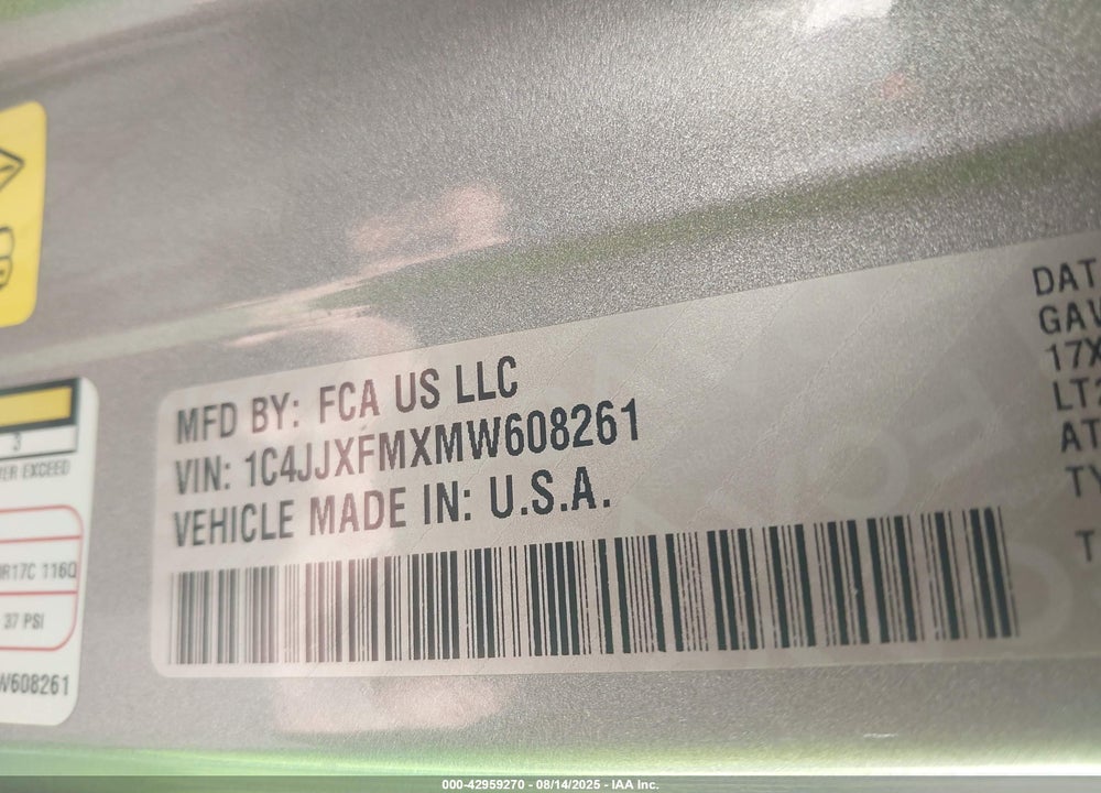 2021 JEEP WRANGLER UNLIMITED VIN: 1C4JJXFMXMW608261