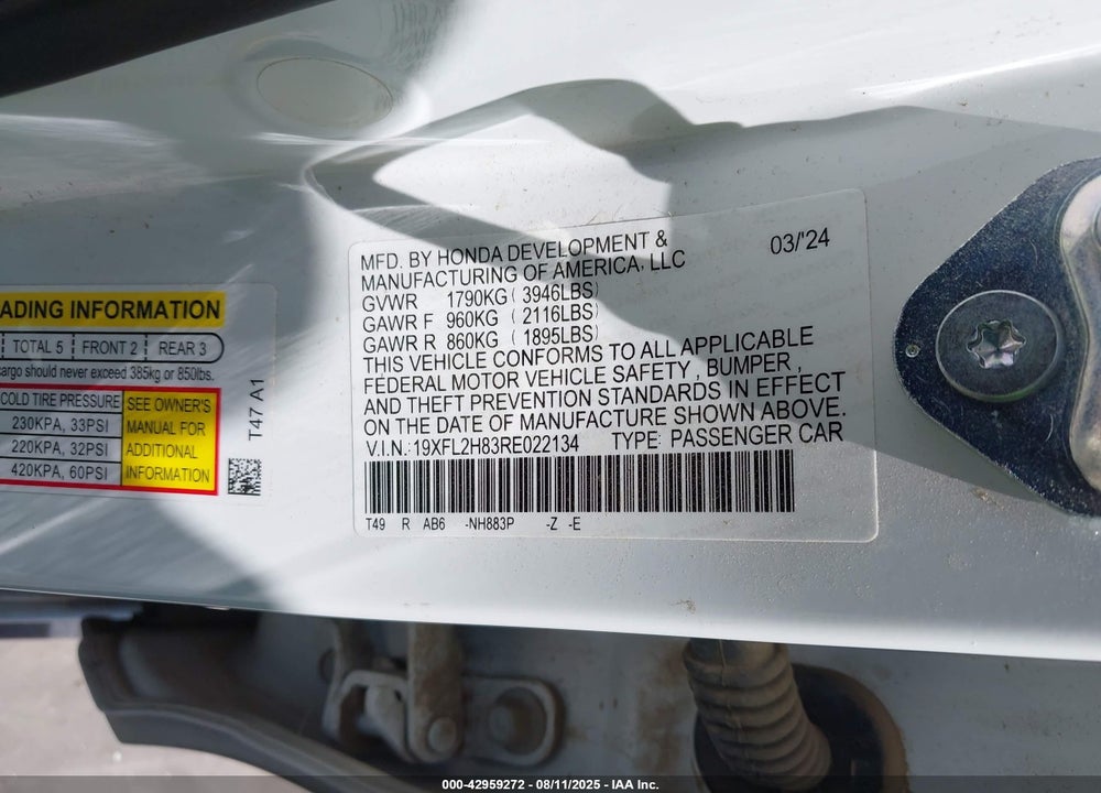 2024 HONDA CIVIC VIN: 19XFL2H83RE022134