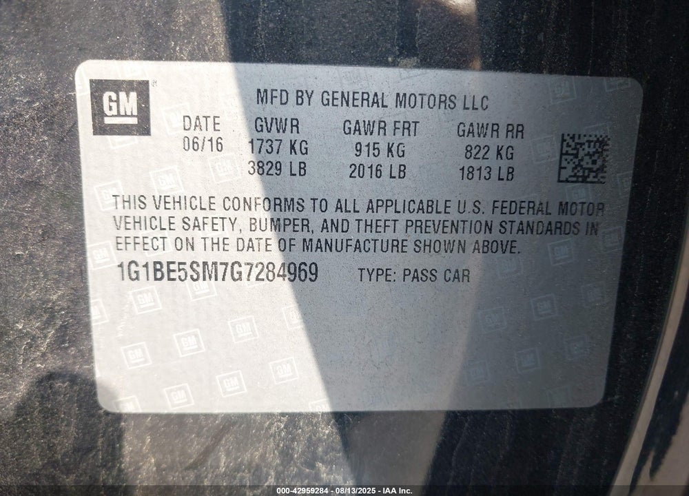 2016 CHEVROLET CRUZE VIN: 1G1BE5SM7G7284969