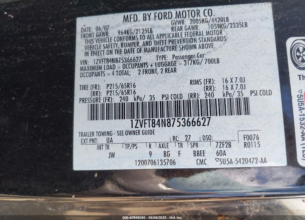 2007 FORD MUSTANG V6 DELUXE/V6 PREMIUM VIN: 1ZVFT84N875366627