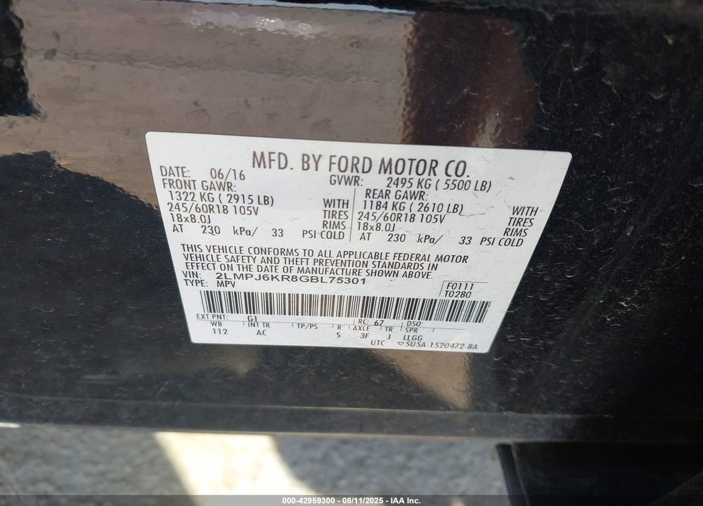 2016 LINCOLN MKX VIN: 2LMPJ6KR8GBL75301