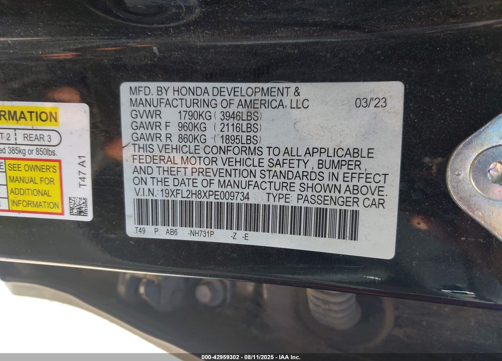 2023 HONDA CIVIC VIN: 19XFL2H8XPE009734