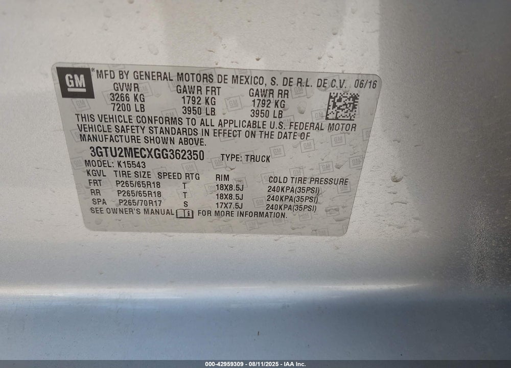 2016 GMC SIERRA 1500 VIN: 3GTU2MECXGG362350