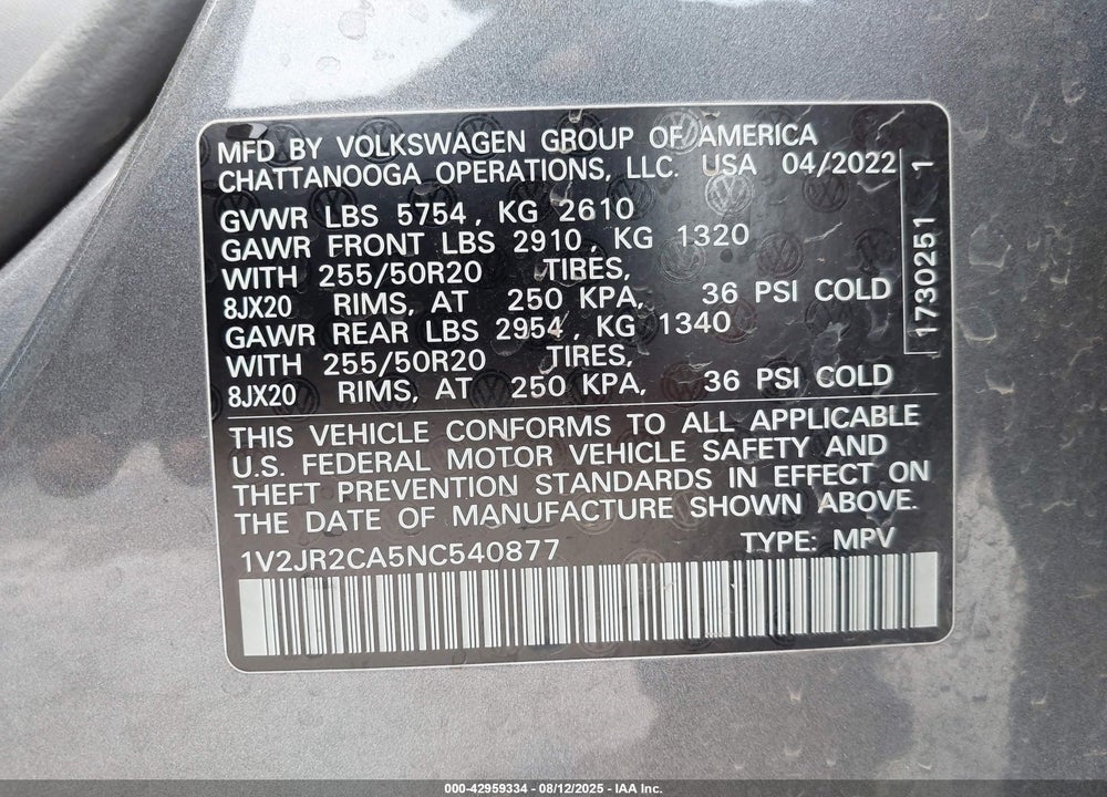 2022 VOLKSWAGEN ATLAS VIN: 1V2JR2CA5NC540877