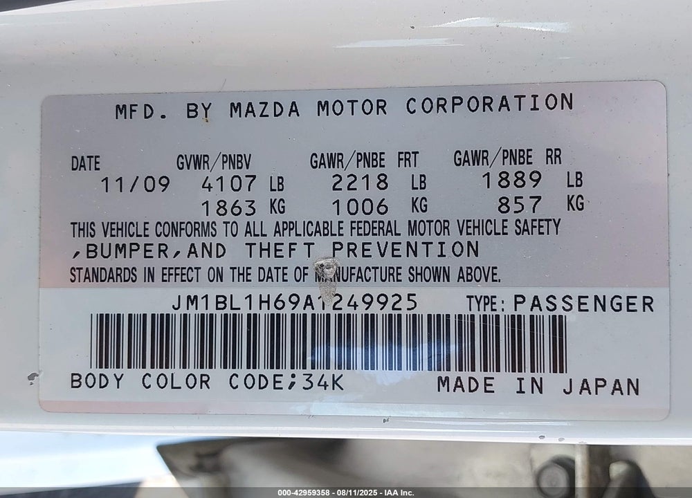 2010 MAZDA 3 VIN: JM1BL1H69A1249925