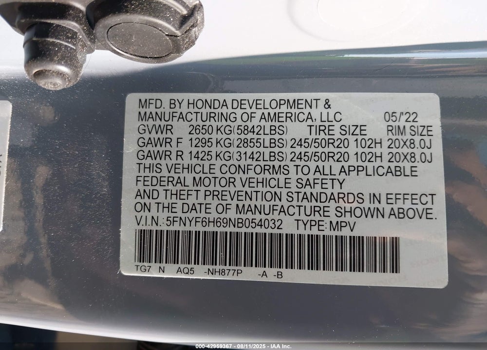 2022 HONDA PILOT VIN: 5FNYF6H69NB054032