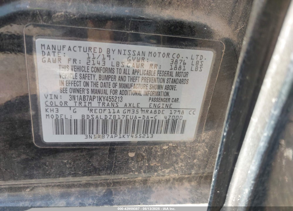 2019 NISSAN SENTRA SV VIN: 3N1AB7AP1KY455213