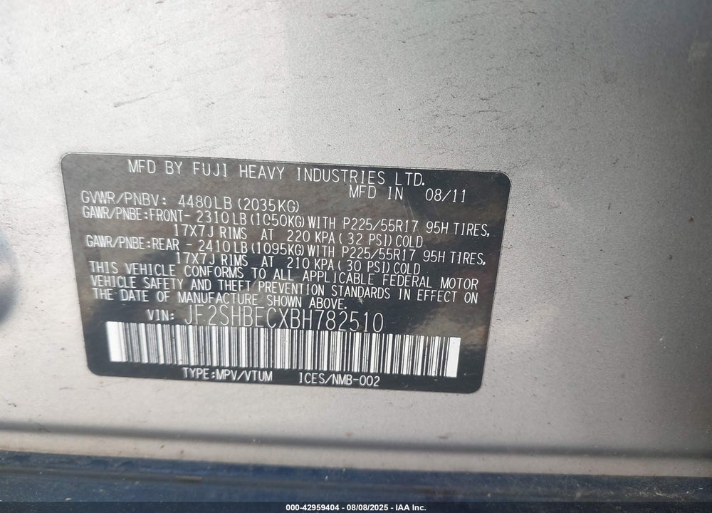 2011 SUBARU FORESTER 2.5X LIMITED VIN: JF2SHBECXBH782510