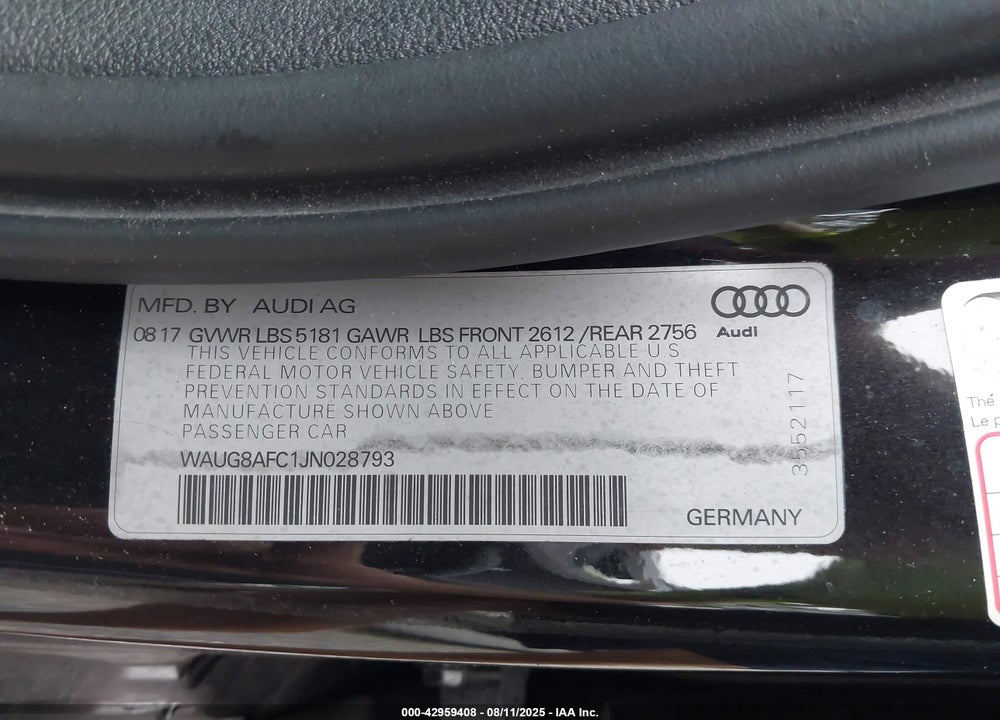 2018 AUDI A6 VIN: WAUG8AFC1JN028793