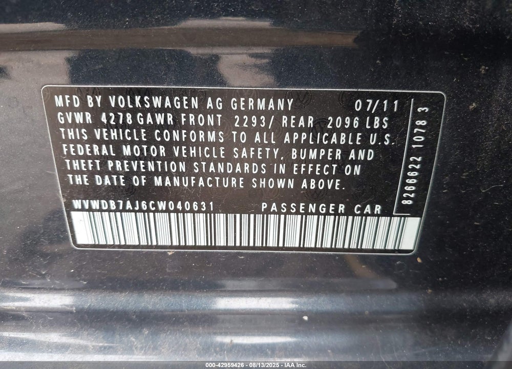 2012 VOLKSWAGEN GOLF VIN: WVWDB7AJ6CW040631