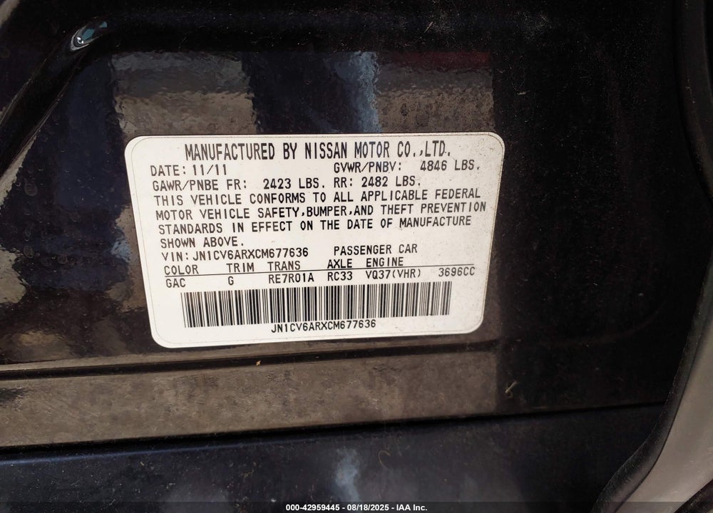 2012 INFINITI G37X VIN: JN1CV6ARXCM677636