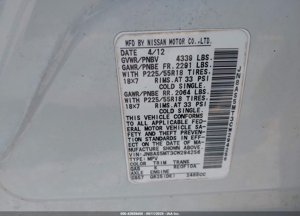2012 NISSAN ROGUE VIN: JN8AS5MT3CW294256