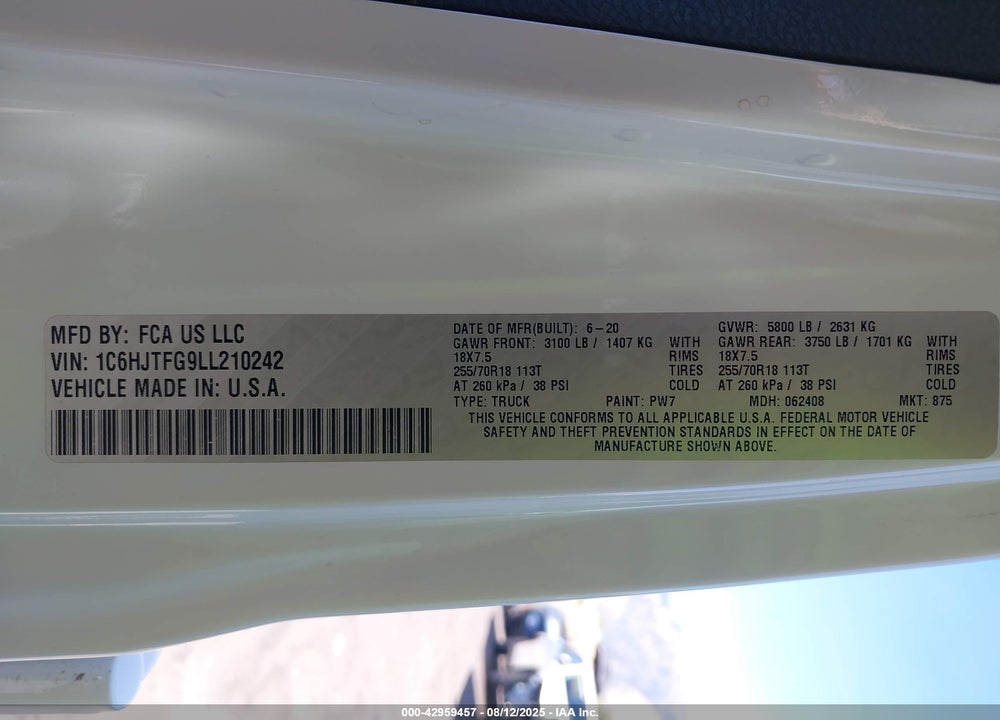 2020 JEEP GLADIATOR OVERLAND 4X4 VIN: 1C6HJTFG9LL210242