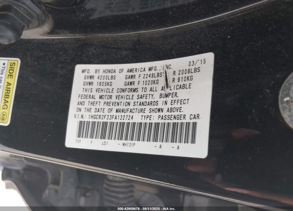 2015 HONDA ACCORD VIN: 1HGCR2F33FA132724