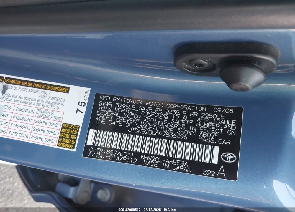 2009 TOYOTA PRIUS VIN: JTDKB20U697836496