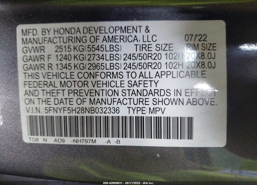 2022 HONDA PILOT VIN: 5FNYF5H28NB032336