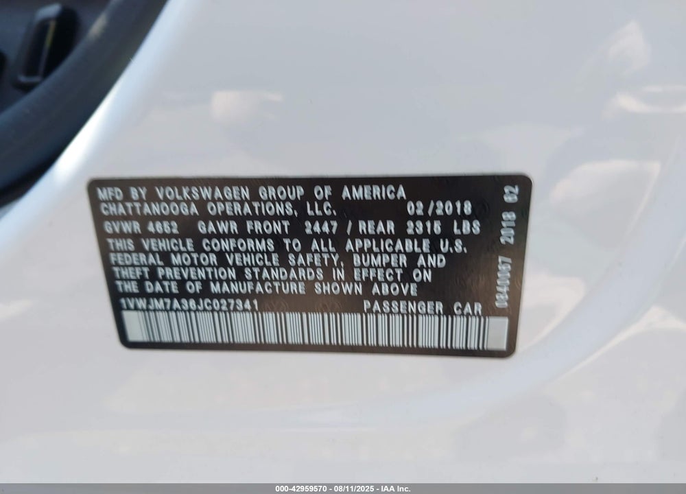 2018 VOLKSWAGEN PASSAT VIN: 1VWJM7A36JC027341