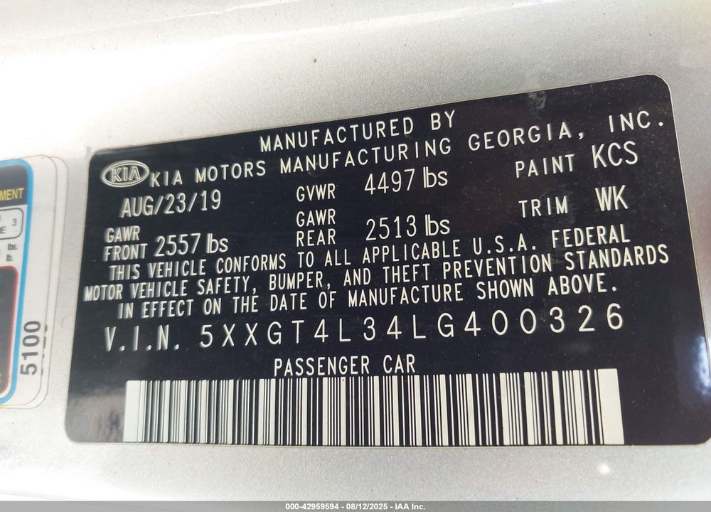 2020 KIA OPTIMA VIN: 5XXGT4L34LG400326