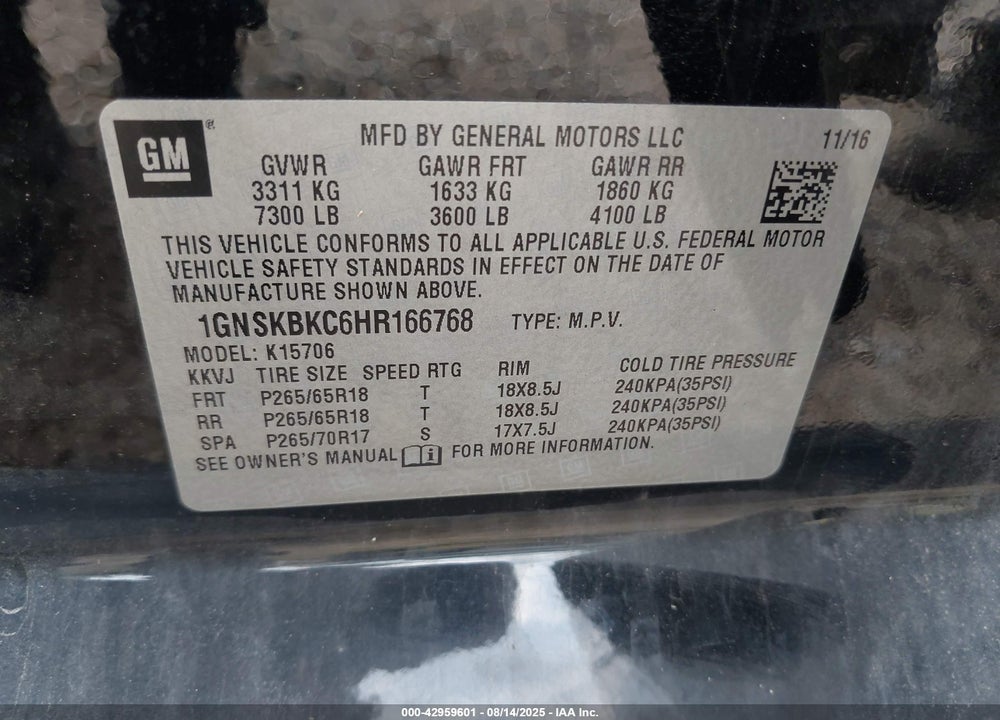 2017 CHEVROLET TAHOE VIN: 1GNSKBKC6HR166768