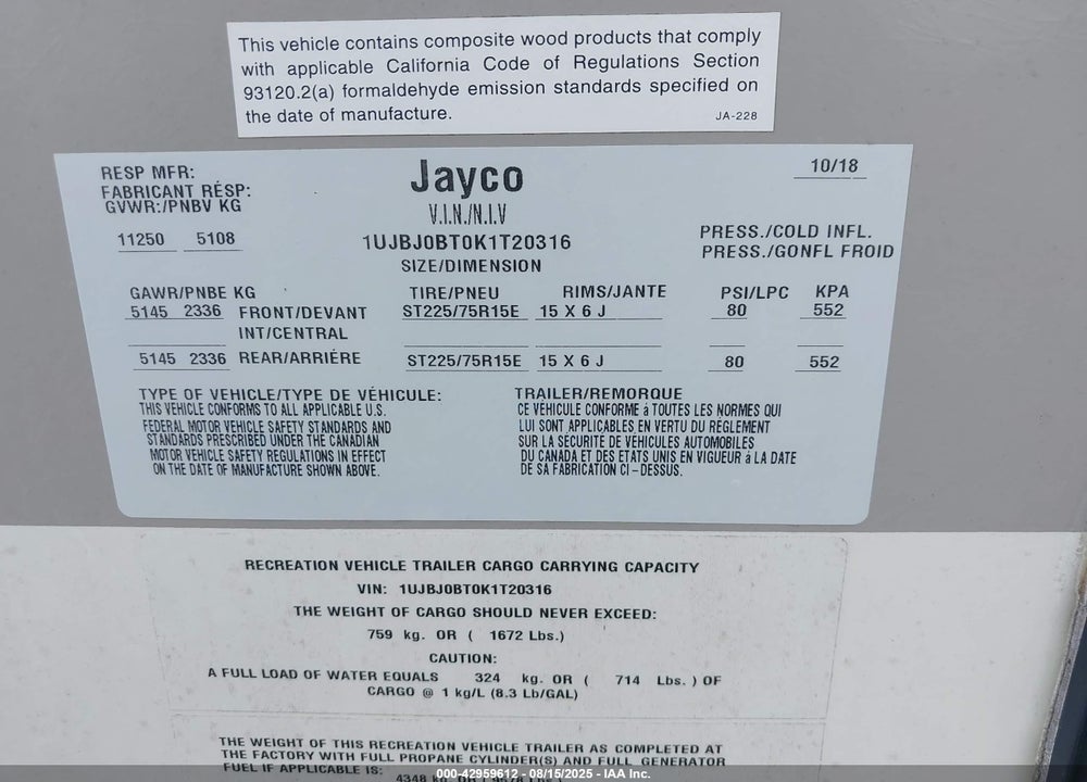 2019 JAYCO JAY FLIGHT 34 RSBS VIN: 1UJBJ0BT0K1T20316