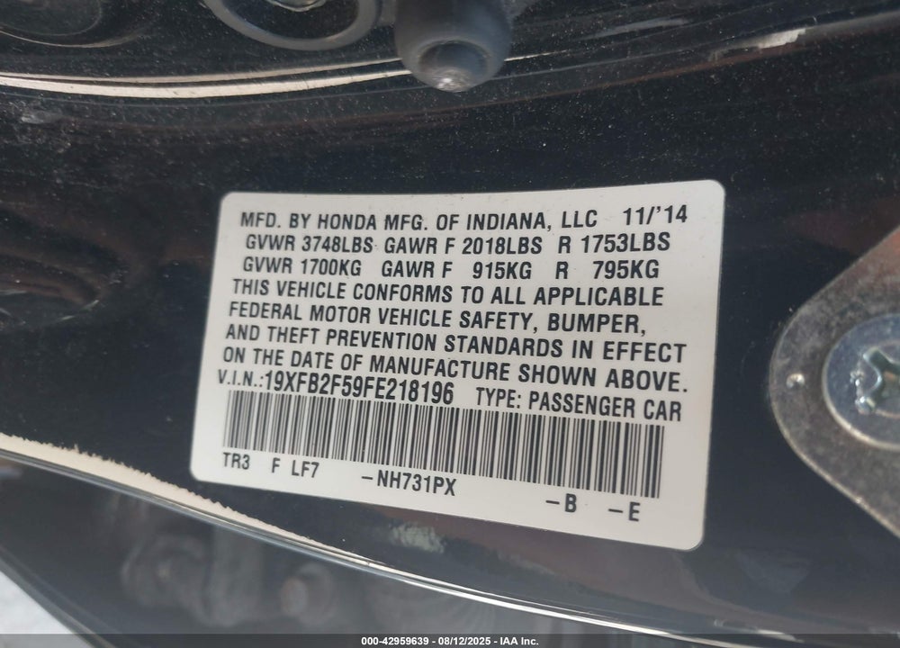 2015 HONDA CIVIC VIN: 19XFB2F59FE218196