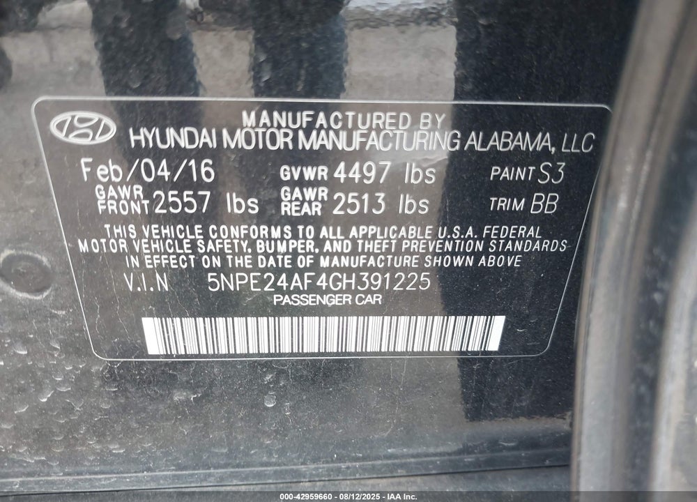 2016 HYUNDAI SONATA VIN: 5NPE24AF4GH391225