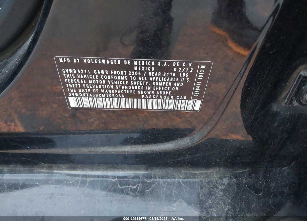 2012 VOLKSWAGEN JETTA VIN: 3VWDX7AJ8CM105056