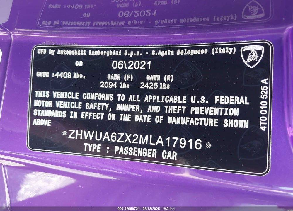 2021 LAMBORGHINI HURACAN VIN: ZHWUA6ZX2MLA17916