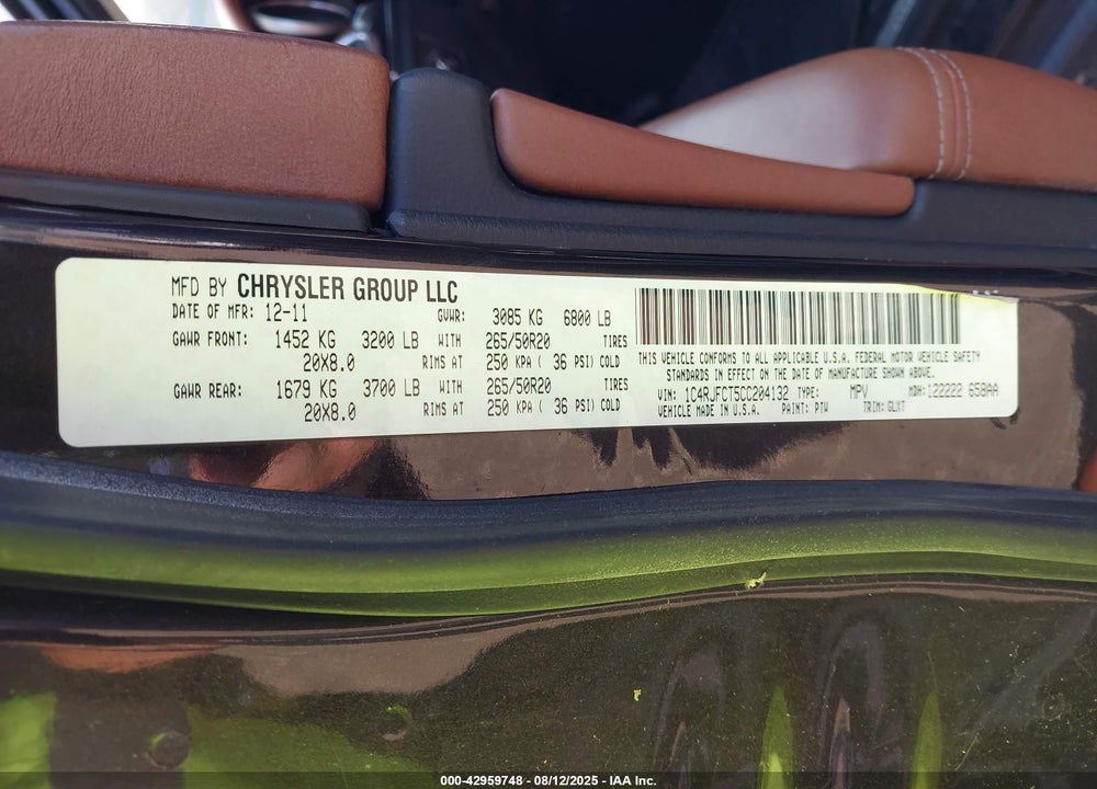 2012 JEEP GRAND CHEROKEE VIN: 1C4RJFCT5CC204132
