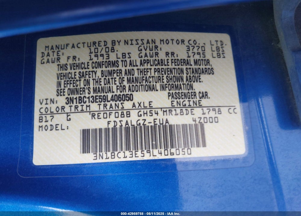 2009 NISSAN VERSA VIN: 3N1BC13E59L406050