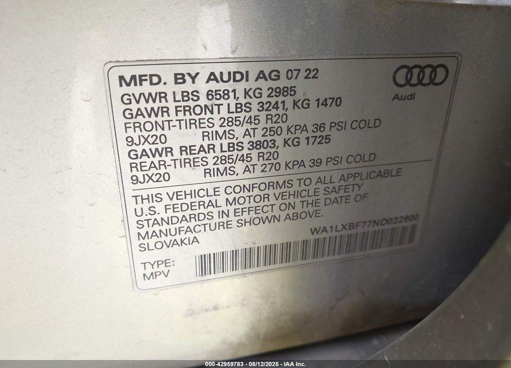 2022 AUDI Q7 VIN: WA1LXBF77ND022600