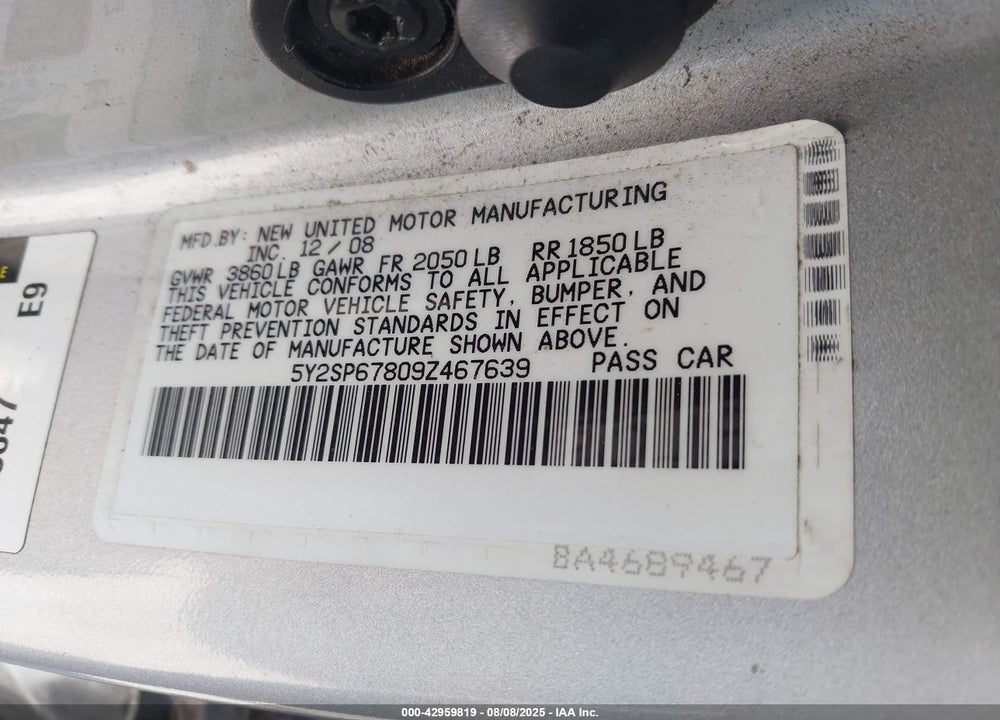 2009 PONTIAC VIBE VIN: 5Y2SP67809Z467639