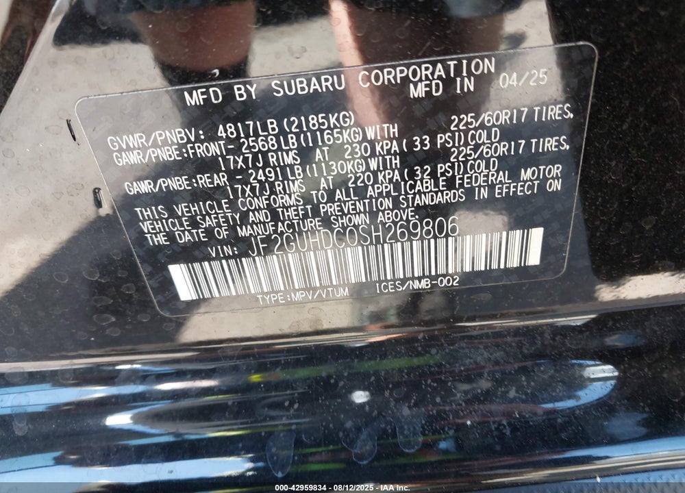 2025 SUBARU CROSSTREK VIN: JF2GUHDC0SH269806