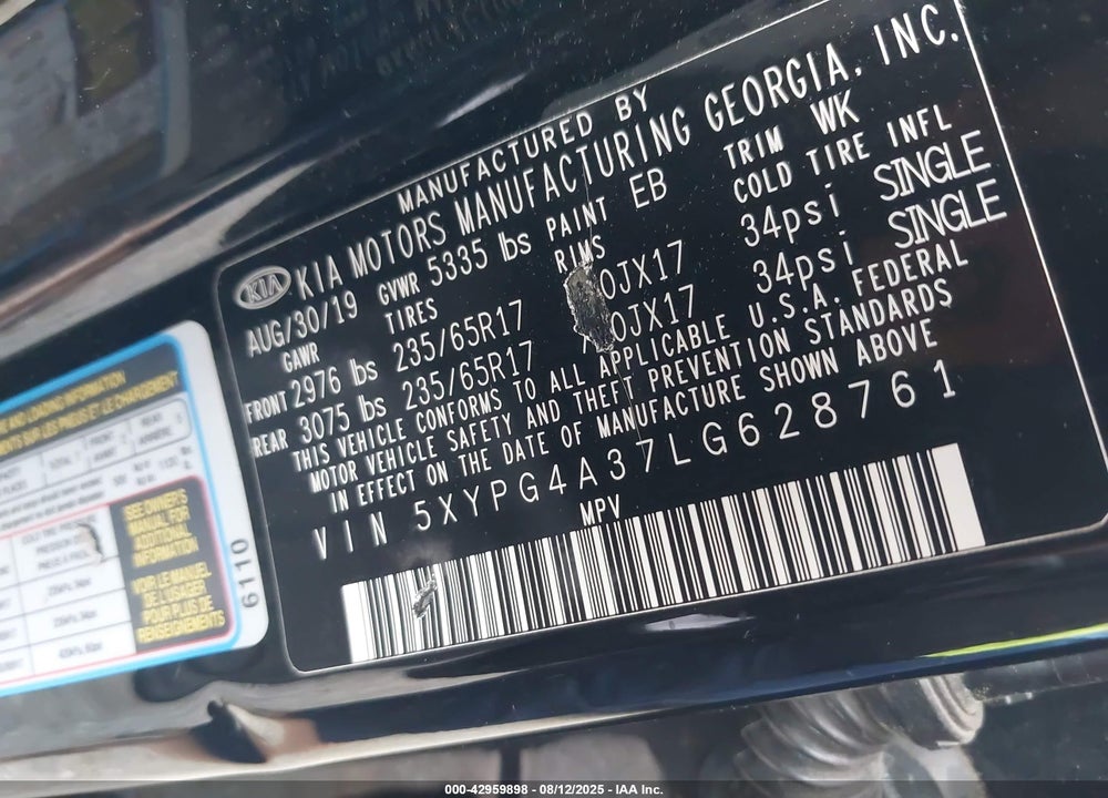 2020 KIA SORENTO VIN: 5XYPG4A37LG628761