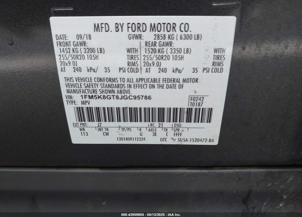 2018 FORD EXPLORER VIN: 1FM5K8GT8JGC95786