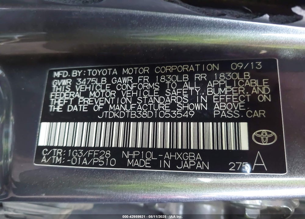 2013 TOYOTA PRIUS C VIN: JTDKDTB38D1053549