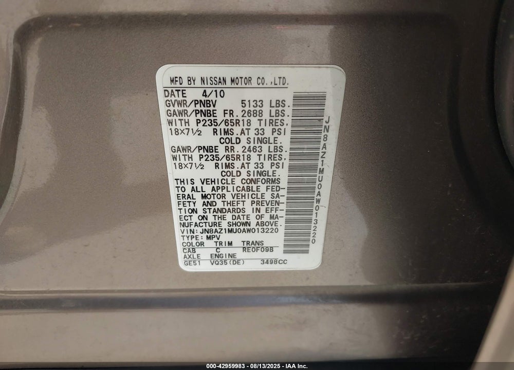 2010 NISSAN MURANO VIN: JN8AZ1MU0AW013220