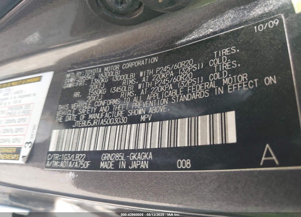 2010 TOYOTA 4RUNNER VIN: JTEBU5JR1A5003030