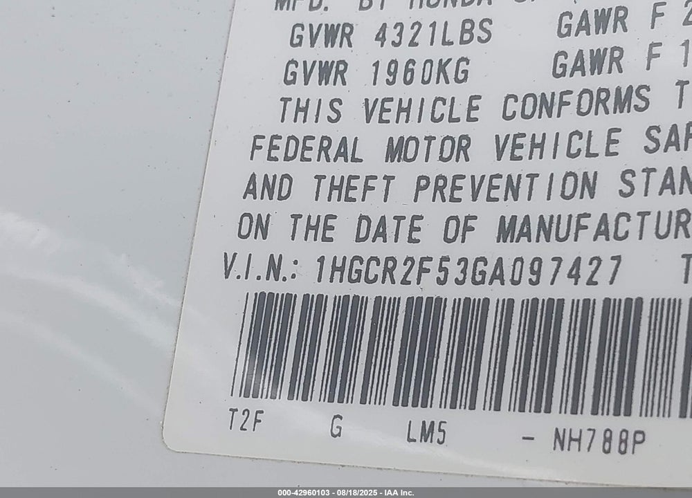2016 HONDA ACCORD VIN: 1HGCR2F53GA097427